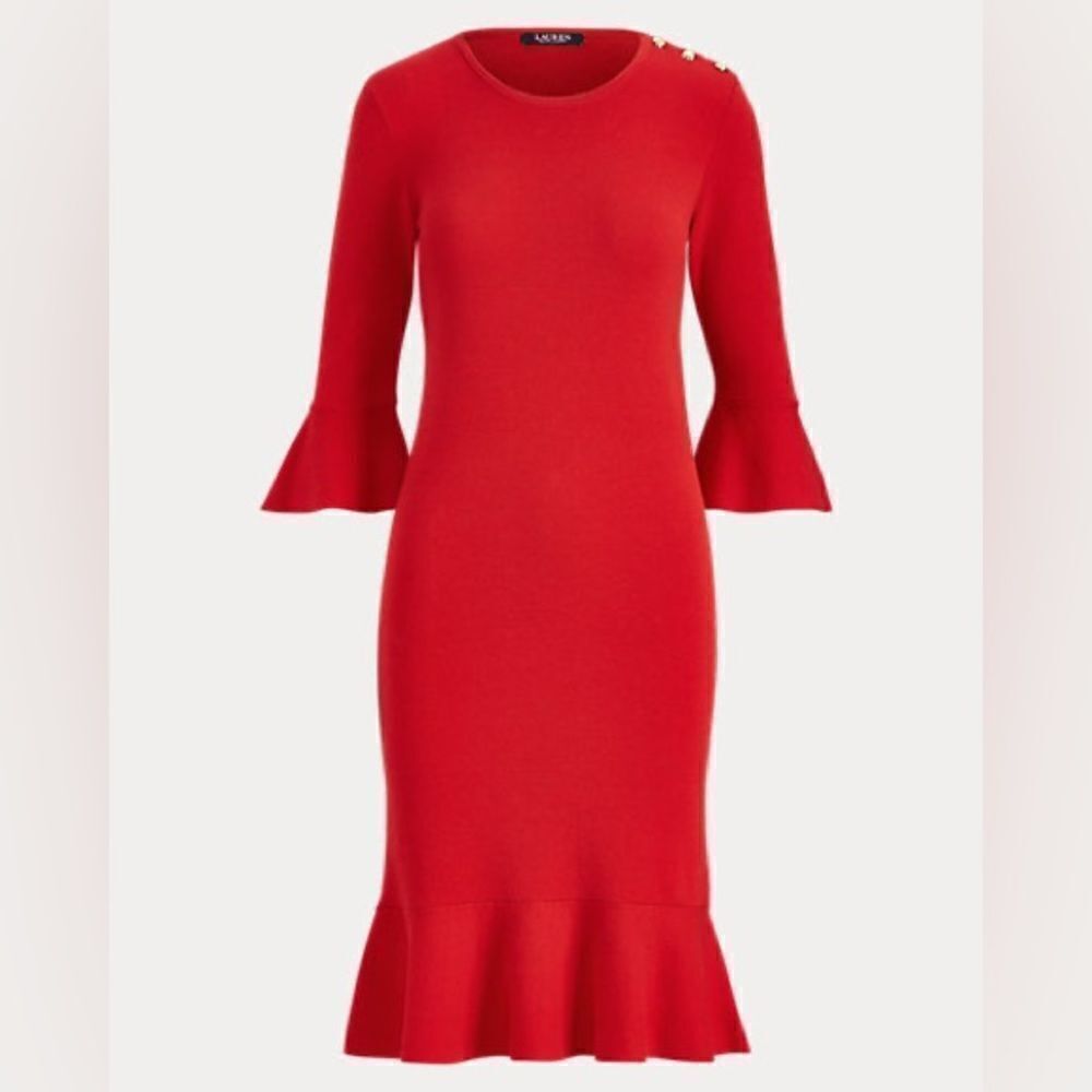 Lauren Ralph Lauren Red Ruffled Cotton-Blend Midi Dress